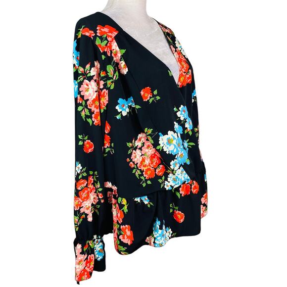 ASOS Blouse Top Size 18 Black Floral Bell Sleeves V-Neck Peplum - Picture 4 of 9